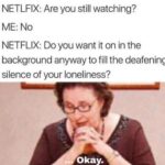 depression memes Depression, Holly text: NETLFIX: Are you still watching? ME: No NETFLIX: Do you want it on in the background anyway to fill the deafening silence of your loneliness? . ..tOkay.  Depression, Holly