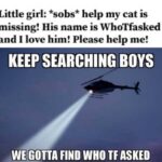 other memes Funny, Cop, WhotfAsked, Citizen text: Little girl: *sobs* help my cat is missing! His name is WhoTfasked and I love him! Please help me! KEEP SEARCHING BOYS GOTTA FIND WHO TF ASKED  Funny, Cop, WhotfAsked, Citizen