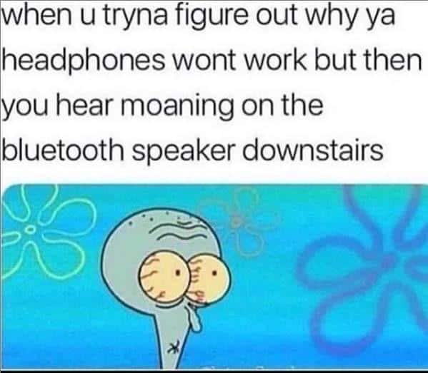 Spongebob, Penis Spongebob Memes Spongebob, Penis text: when u tryna figure out why ya headphones wont work but then you hear moaning on the bluetooth speaker downstairs 