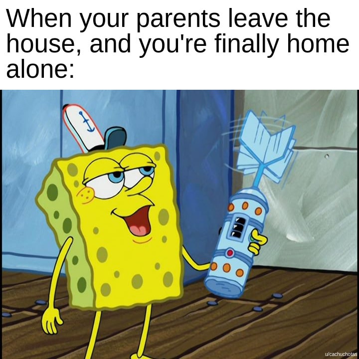 Spongebob,  Spongebob Memes Spongebob,  text: When your parents leave the house, and you're finally home alone: ulcachLK:h 