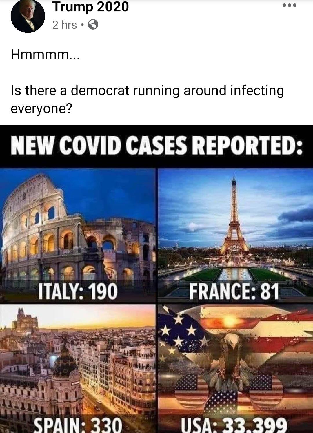 Political, Trump, COVID, Americans, Usa, Spain boomer memes Political, Trump, COVID, Americans, Usa, Spain text: Trump 2020 2 hrs • Hmmmm... Is there a democrat running around infecting everyone? NEW COVID CASES REPORTED: ITALY: 190 FRANCE: 81 