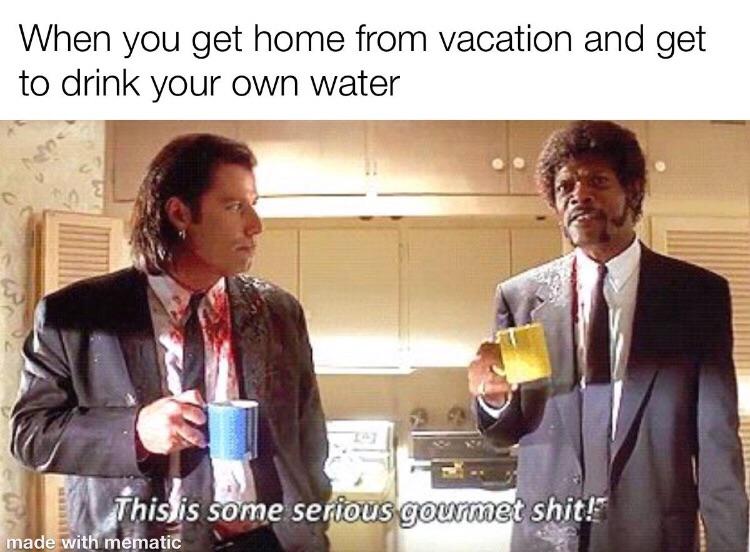Water, Jules, Jimmie, Iceland, Florida, Mediterranean Water Memes Water, Jules, Jimmie, Iceland, Florida, Mediterranean text: When you get home from vacation and get to drink your own water PVhiJt •s som ,seri0üS gourmet shitf$ 