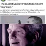 other memes Funny, QUIET, Muhammad, Irish, Ireland, Grelod text: UberFacts @UberFacts The loudest word ever shouted on record was "quiet." An elementary school teacher in Northern Ireland set the record in 1994 when she shouted the word at 121 decibels — the equivalent of a jet engine. Ironic. 