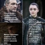 Game of thrones memes Game of thrones, Arya, Season, Jon, Dany, Sandor text: Roose Bolton• stabbed in the abdomen once, dead 10 seconds later Martyn Lannister: stabbed in the abdomen once, dead 5 seconds later made with mematic Arya Stark: stabbed in the . g abdomen&åtimes, jumps ihto a dirty river, swims to safety, is treated by someone with close to ze *cal and is back jumping around like a fucking ninja shortly after 