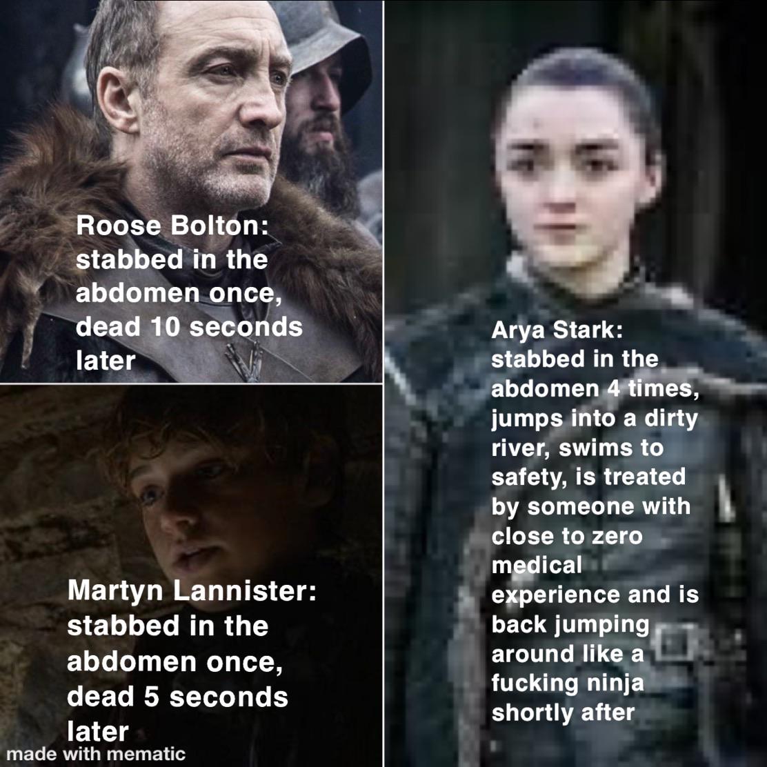 Game of thrones, Arya, Season, Jon, Dany, Sandor Game of thrones memes Game of thrones, Arya, Season, Jon, Dany, Sandor text: Roose Bolton• stabbed in the abdomen once, dead 10 seconds later Martyn Lannister: stabbed in the abdomen once, dead 5 seconds later made with mematic Arya Stark: stabbed in the . g abdomen&åtimes, jumps ihto a dirty river, swims to safety, is treated by someone with close to ze *cal and is back jumping around like a fucking ninja shortly after 