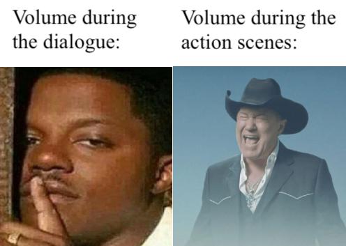 Funny, TV, Netflix, VLC, Hulu, HDR other memes Funny, TV, Netflix, VLC, Hulu, HDR text: Volume during the dialogue: Volume during the action scenes: 