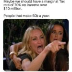 Political Memes Political, America, UK, UBI text: Maybe we should have a marginal Tax rate of 70% on income over $10 million. People that make 50k a year: -•e BRAVO  Political, America, UK, UBI