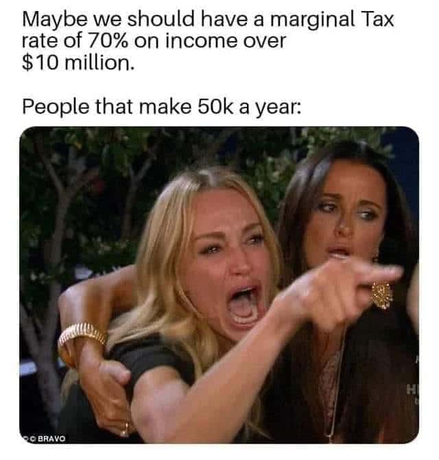 Political, America, UK, UBI Political Memes Political, America, UK, UBI text: Maybe we should have a marginal Tax rate of 70% on income over $10 million. People that make 50k a year: -•e BRAVO 