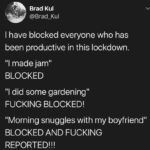 depression memes Depression,  text: Brad Kul @Brad_Kul I have blocked everyone who has been productive in this lockdown. "l made jam" BLOCKED "l did some gardening" FUCKING BLOCKED! "Morning snuggles with my boyfriend" BLOCKED AND FUCKING REPORTED!!!  Depression, 
