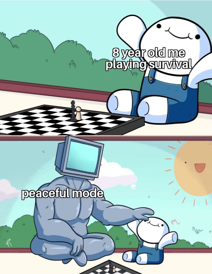 Minecraft, Peaceful minecraft memes Minecraft, Peaceful text: 8 year old me playjngtsu—l peaceful mode 