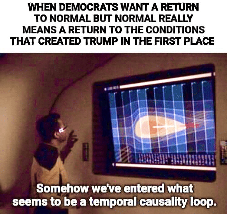 Political, Trump, Tara Reade, Joe, Hillary Political Memes Political, Trump, Tara Reade, Joe, Hillary text: WHEN DEMOCRATS WANT A RETURN TO NORMAL BUT NORMAL REALLY MEANS A RETURN TO THE CONDITIONS THAT CREATED TRUMP IN THE FIRST PLACE Somehow we've entered what seems to be a temporal causality loop. 