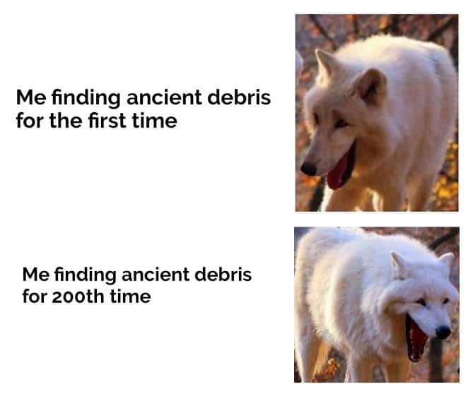 Minecraft,  minecraft memes Minecraft,  text: Me finding ancient debris for the first time Me finding ancient debris for 200th time 