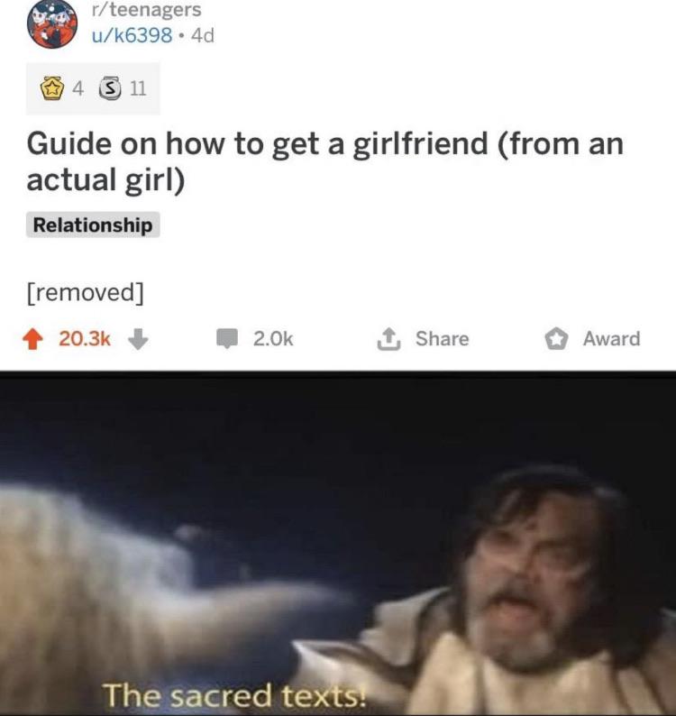 Dank, TELL ME PLEASE other memes Dank, TELL ME PLEASE text: r/teenagers u/k6398 • 4d 04 S 11 Guide on how to get a girlfriend (from an actual girl) Relationship [removed] 20.3k + 2.0k Share O Award The sacred te 
