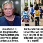 Political Memes Political, Trump, Manafort, American, No, Democrats text: Coronavirus is so dangerous that Paul Manafort gets to serve his prison sentence at home. But Coronavirus is so safe that we can start to send all our kids back to school in a month?  Political, Trump, Manafort, American, No, Democrats