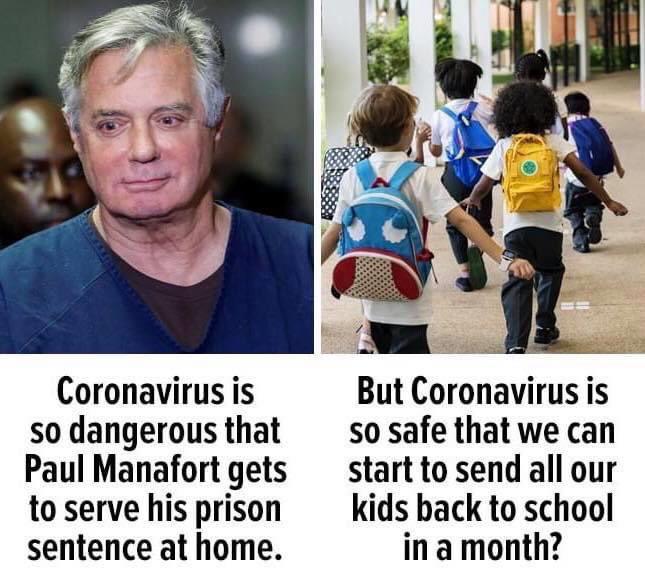 Political, Trump, Manafort, American, No, Democrats Political Memes Political, Trump, Manafort, American, No, Democrats text: Coronavirus is so dangerous that Paul Manafort gets to serve his prison sentence at home. But Coronavirus is so safe that we can start to send all our kids back to school in a month? 