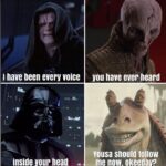 Star Wars Memes Sequel-memes, Jar Jar, Winnie, Snoke, Pooh, Mesa text: I have been every voice you have ever heard inside your head yousa should follow me now. okeedav?  Sequel-memes, Jar Jar, Winnie, Snoke, Pooh, Mesa