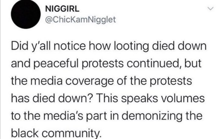Tweets, CNN, POC, BLM, VOTE, No Black Twitter Memes Tweets, CNN, POC, BLM, VOTE, No text: NIGGIRL @ChicKamNigglet Did y'all notice how looting died down and peaceful protests continued, but the media coverage of the protests has died down? This speaks volumes to the media's part in demonizing the black community. 