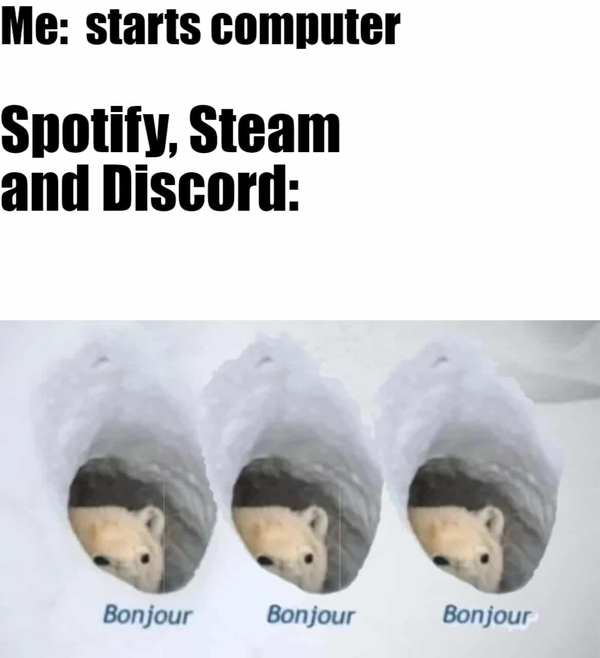 Funny, Spotify, Skype, Torrent, Startup, PC other memes Funny, Spotify, Skype, Torrent, Startup, PC text: Me: starts computer Spotify, Steam and Discord: Bonjour Bonjour Bonjour 