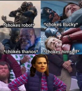 Dank Memes Dank, Peggy, Cap, Steve, George Floyd, Captain America text: *chokes robot* * A*chokes thanos *chokes Bucky*