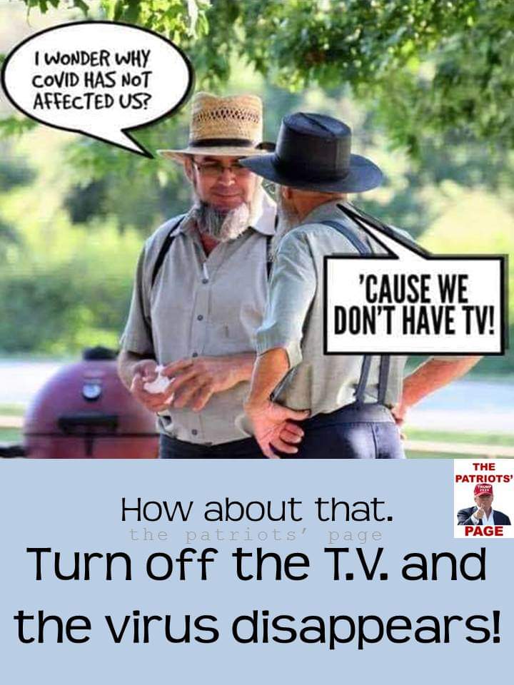 Political, Public boomer memes Political, Public text: I WHY coVlD HAS NOT 'CAUSE WE DON'T HAVE TV! THE PATRIOTS' How about that. PAGE Turn off the T.v. and the virus disappears! 
