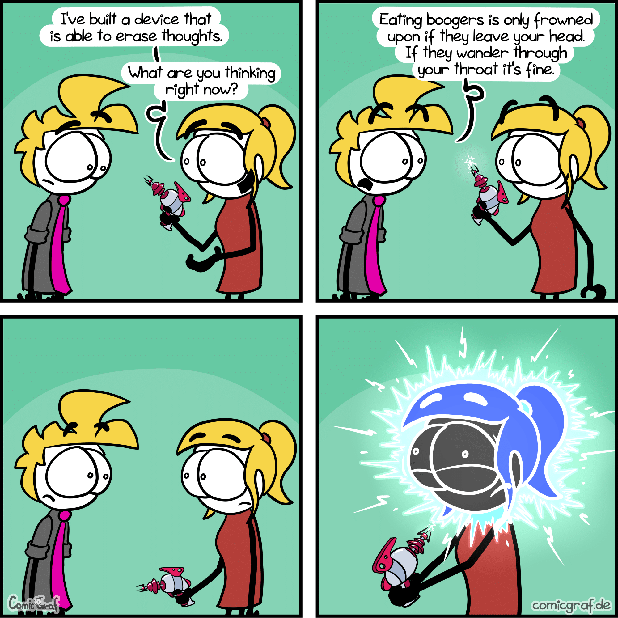 *snorting noises*, Snorting Comics *snorting noises*, Snorting text: I've built a device that able to erase thoughts. right now? Comiccra( Eating boogers is only frowned upon ff they leave your head. If they wander through your throat it's fine. comicgraf.de 