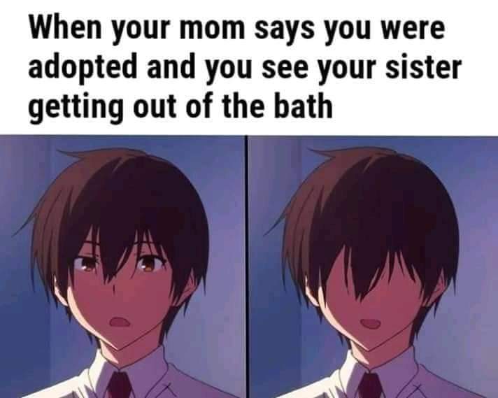 Anime,  Anime Memes Anime,  text: When your mom says you were adopted and you see your sister getting out of the bath 