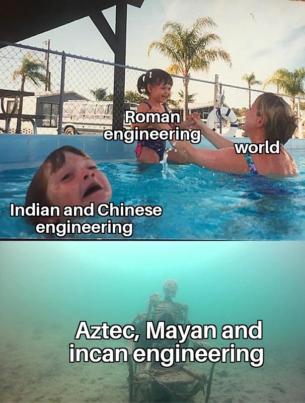 History, Aztecs, Tenochtitlan, Romans, European, Roman History Memes History, Aztecs, Tenochtitlan, Romans, European, Roman text: goman engineering wokld Indian and Chinese engineering Aztec, Mayan and 'incan engineering 