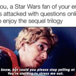 Star Wars Memes Sequel-memes, Star Wars text: When you, a Star Wars fan of your entire life, gets attacked with questions online for trying to enjoy the sequel trilogy I don