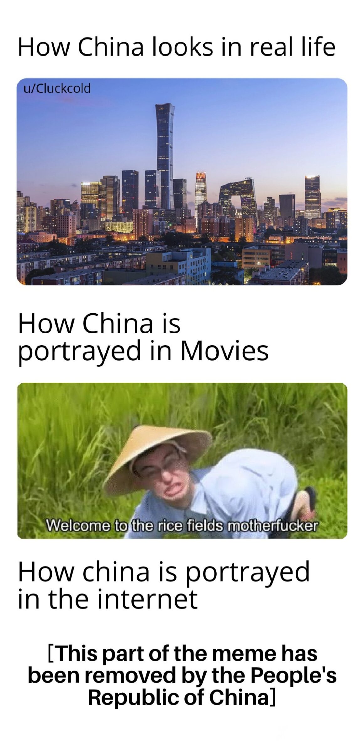 Dank, China, Chinese, REDACTED, Republic, People Dank Memes Dank, China, Chinese, REDACTED, Republic, People text: How China looks in real life u/Cluckcold How China is portrayed in Movies Welcome to the rice How china is portrayed in the internet [This part of the meme has been removed by the People's Republic of China] 
