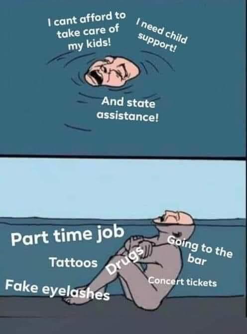 Political, LoL, FW, Deadbeat Parents boomer memes Political, LoL, FW, Deadbeat Parents text: cant afford* O need Sup child take care my kids! And state assistance! part time job q E G7 Ing to the bar Tattoos Cone rt tickets Fake eyel es 