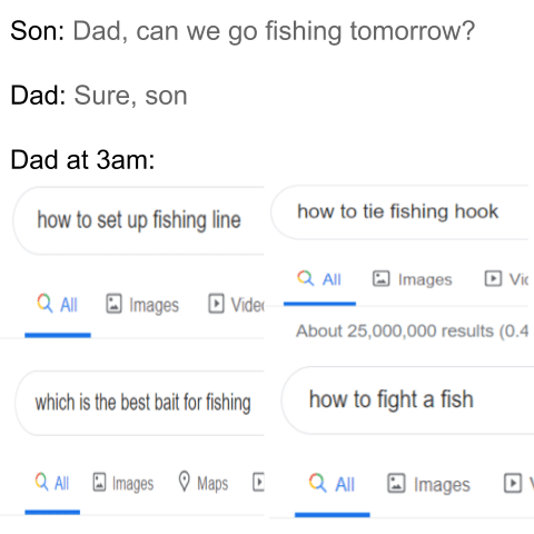 Wholesome memes, Dad Wholesome Memes Wholesome memes, Dad text: Son: Dad, can we go fishing tomorrow? Dad: Sure, son Dad at 3am: how to set up fishing line Q All Images Videq which is the best bait for fishing Q All Images Maps how to tie fishing hook Q Images About 25,000,000 results (0.4 how to fight a fish Q All Images 