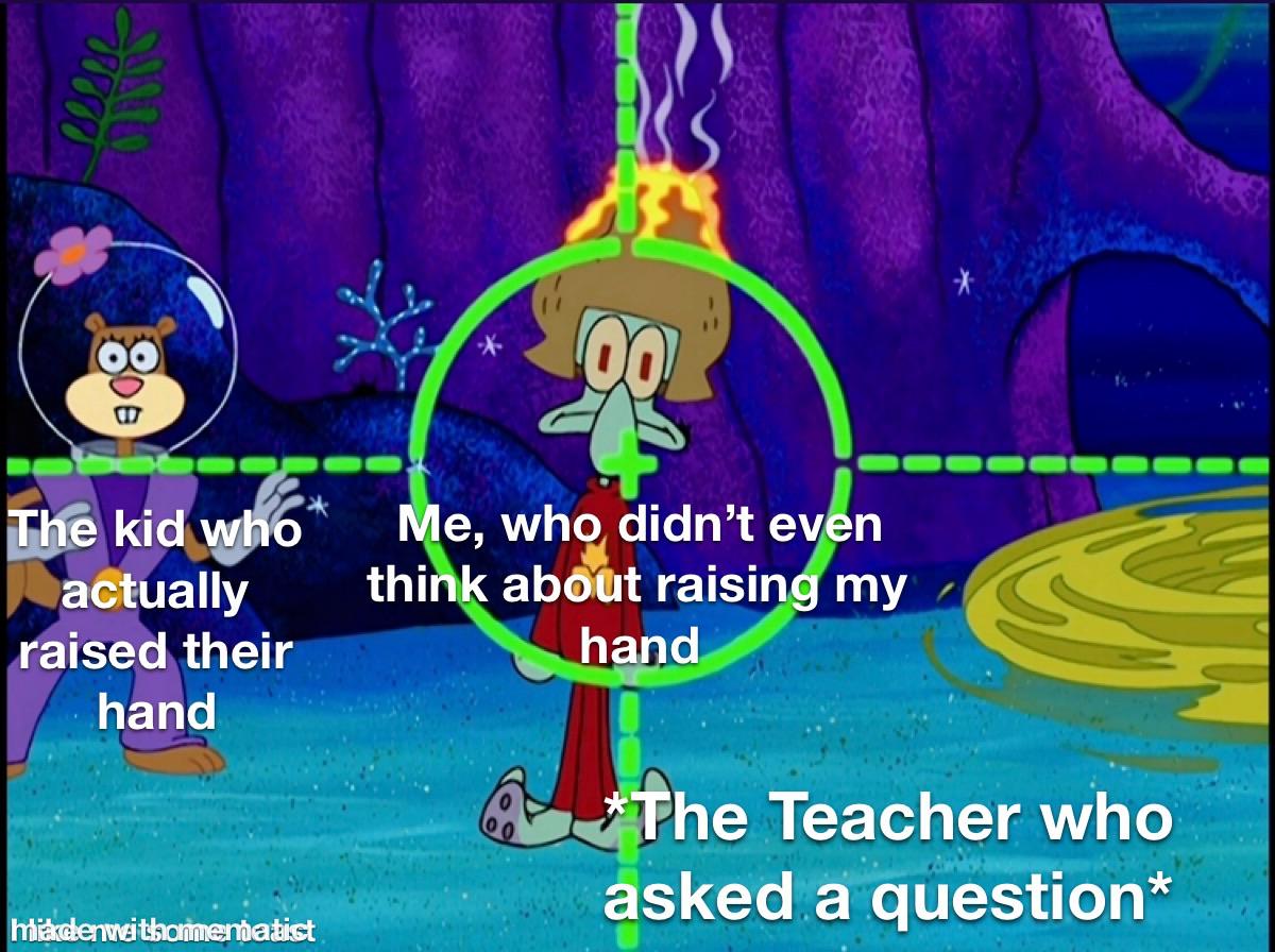 Spongebob, Potter, Hermione, Seamus, No, Harry Spongebob Memes Spongebob, Potter, Hermione, Seamus, No, Harry text: oo e, who didn't ev n thi abö@t raisin my actually raised their hand hand he Teacher who asked a question* 