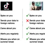 Dank Memes Dank, NSA, American, USA, Five_Eyes, FBI Agent text: F Age TikTok Spies on you Sends your data to foreign nations X Cares about you x Alerts you regularly x Misses you when on summer break Spies on you X Sends your data to foreign nations Cares about you Alerts you regularly Misses you when on summer break  Dank, NSA, American, USA, Five_Eyes, FBI Agent