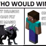 minecraft memes Minecraft, Steve, Ender Dragon, XP, Wither text: WHO WOULD wlN? ANCIENT DRAGON ONE CAN STEVEY AND USE MAGIC BOY 