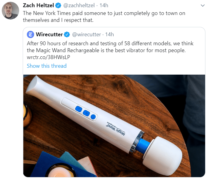 Women, Doxy, Pixey, Hitachi, Asking feminine memes Women, Doxy, Pixey, Hitachi, Asking text: Zach HeltzelO @zachheltzel • 14h The New York Times paid someone to just completely go to town on themselves and I respect that. O @wirecutter • 14h Wirecutter After 90 hours of research and testing of 58 different models, we think the Magic Wand Rechargeable is the best vibrator for most people. wrctr.co/38HWsLP Show this thread 