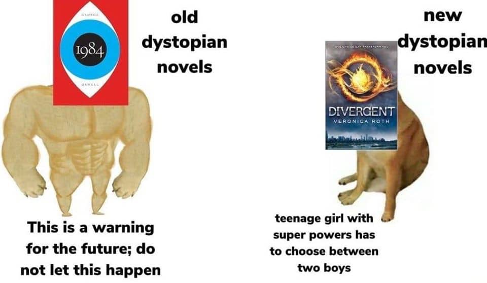 Dank, Divergent, Hunger Games, The Hunger Games, YA, Visit Dank Memes Dank, Divergent, Hunger Games, The Hunger Games, YA, Visit text: 1984 old dystopian novels This is a warning for the future; do not let this happen new ystopian novels DEVERdENT VERONiCA ROTH teenage girl with super powers has to choose between two boys 