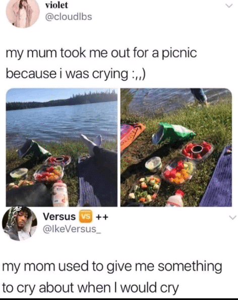 Depression,  depression memes Depression,  text: violet @cloudlbs my mum took me out for a picnic because i was crying Versus @IkeVersus_ my mom used to give me something to cry about when I would cry 
