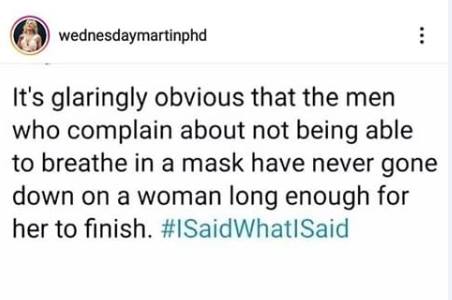Political, Lol Political Memes Political, Lol text: wednesdaymartinphd It's glaringly obvious that the men who complain about not being able to breathe in a mask have never gone down on a woman long enough for her to finish. #1SaidWhatlSaid 