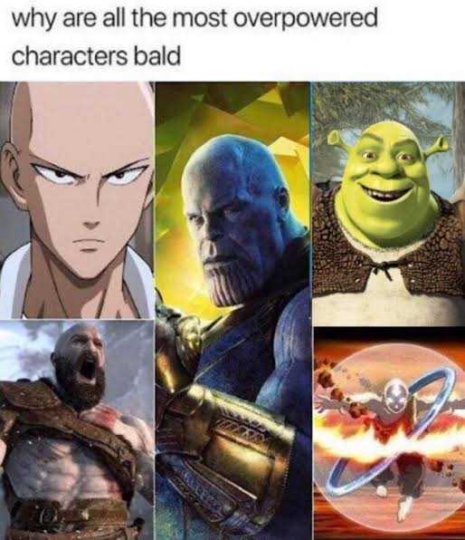 Dank, Shaggy, Shrek other memes Dank, Shaggy, Shrek text: why are all the most overpowered characters bald 