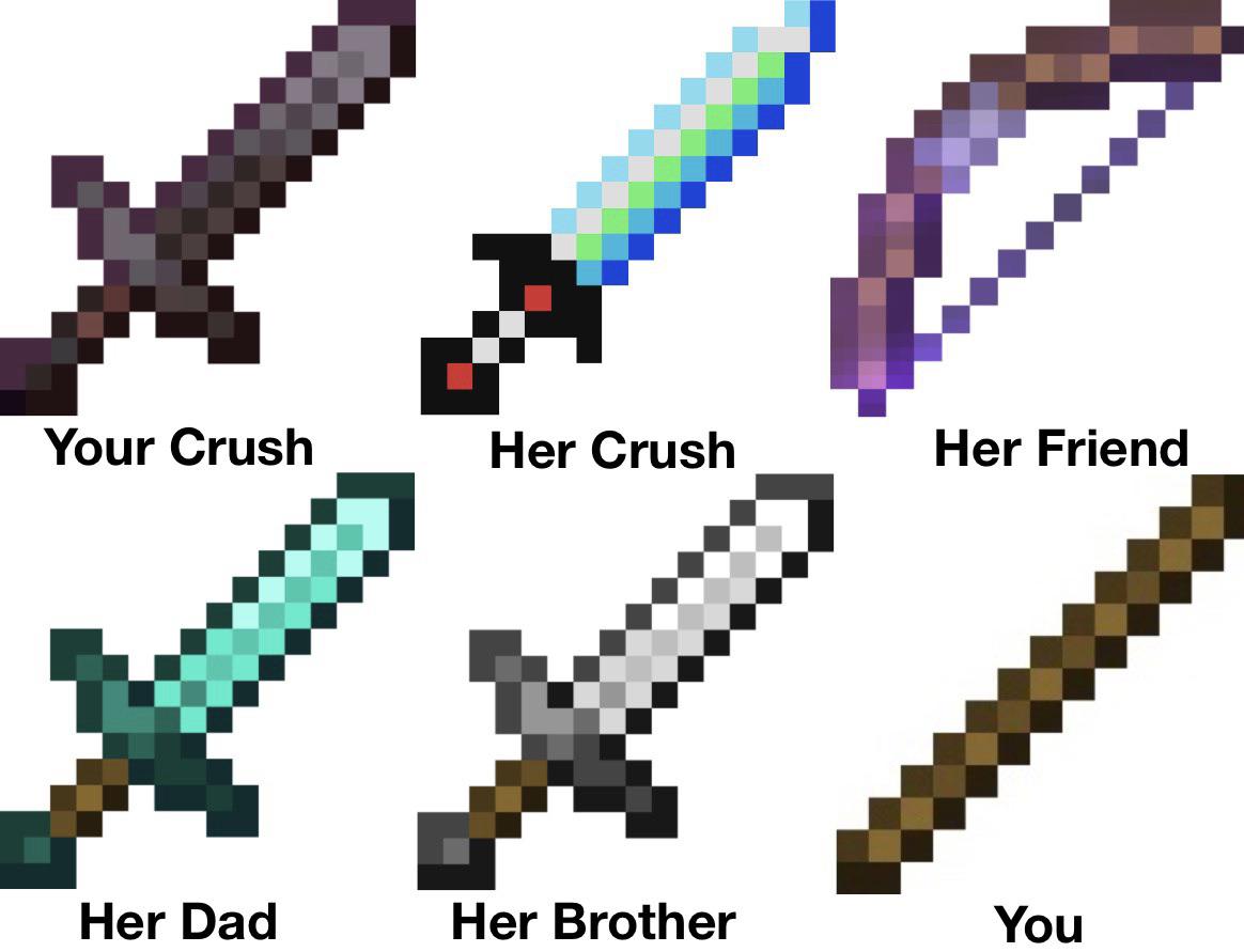 Minecraft, Haha minecraft memes Minecraft, Haha text: Your Crush Her Dad Her Crush Her Brother Her Friend You 