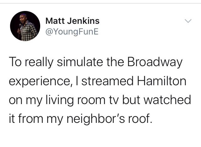 Tweets, Hamilton, Broadway Black Twitter Memes Tweets, Hamilton, Broadway text: Matt Jenkins @YoungFunE To really simulate the Broadway experience, I streamed Hamilton on my living room tv but watched it from my neighbor's roof. 