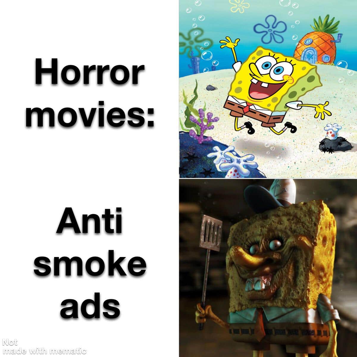 Spongebob,  Spongebob Memes Spongebob,  text: Horror movies: Anti smoke ads 