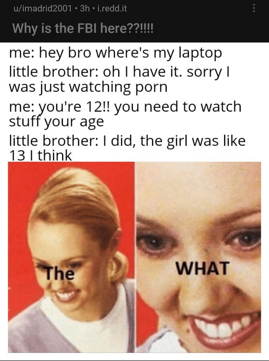 Hold up, Wheel, Spin, Reposter, HolUp, Asking Dank Memes Hold up, Wheel, Spin, Reposter, HolUp, Asking text: u/imadrid2001 • 3h • i.redd.it Why is the FBI here??!!!! me: hey bro where's my laptop little brother: oh I have it. sorry I was just watching porn me: you're 12!! you need to watch stuff your age little brother: I did, the girl was like 13 1 think 1, 'H WHAT 