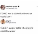 Water Memes Water, Jell text: KellyAnn Noble @starmagicsoul If 2020 was a alcoholic drink what would it be? peyton @peytonfishel vodka in a water bottle when you