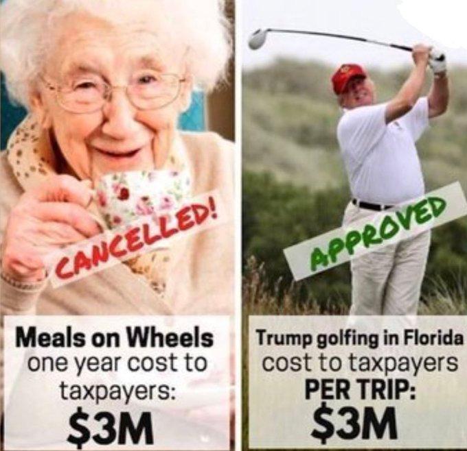Political, Trump, Wheels, Meals, Americans, GOP Political Memes Political, Trump, Wheels, Meals, Americans, GOP text: Meals on Wheels one year cost to taxpayers: Trump golfing in Florida cost to taxpayers PER TRIP: 