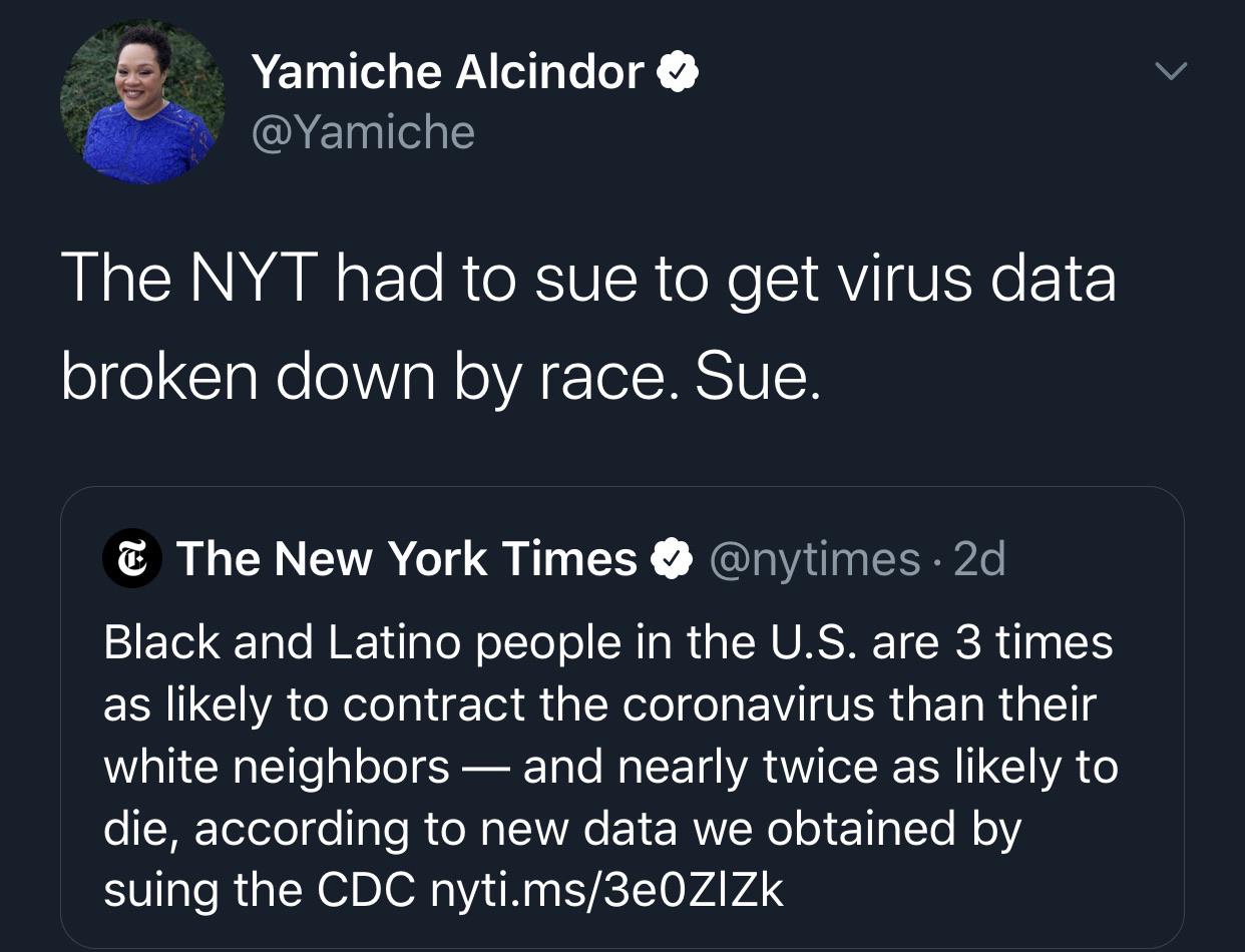 Tweets, Spanish, Vitamin, Texas, Latinos, Latino Black Twitter Memes Tweets, Spanish, Vitamin, Texas, Latinos, Latino text: Yamiche Alcindor O @Yamiche The NY T had to sue to get virus data broken down by race. Sue. The New York Times e @nytimes 2d Black and Latino people in the U.S. are 3 times as likely to contract the coronavirus than their white neighbors — and nearly twice as likely to die, according to new data we obtained by suing the CDC nyti.ms/3e0ZlZk 
