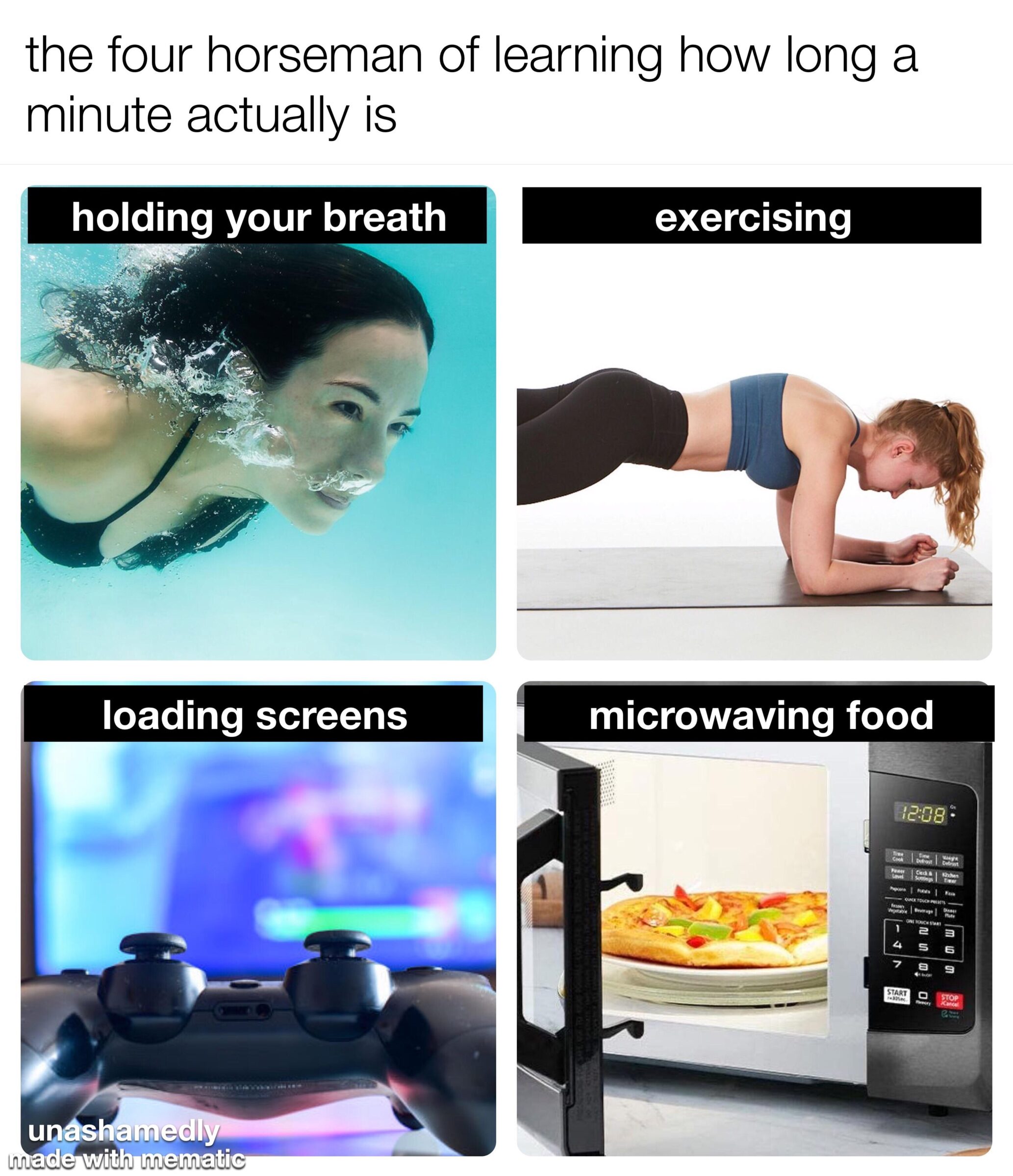 Funny, Waiting, Africa, SD, Please other memes Funny, Waiting, Africa, SD, Please text: the four horseman of learning how long a minute actually is holding your breath loading screens un s d with memati exercising microwaving food Oie.•oe• 
