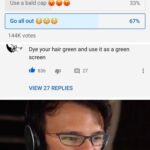 other memes Funny, Anthpo, Asmongold, ACKSEPTICEYE text: HYPOTHETICALLY, if I needed a bald head for a video, what should I do? Use a bald cap Go all out 144K votes Dye your hair green and use it as a green screen 836 27 VIEW 27 REPLIES 33% 