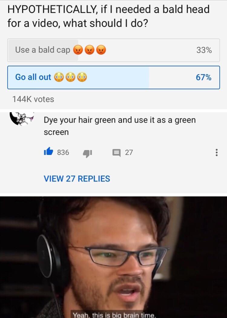 Funny, Anthpo, Asmongold, ACKSEPTICEYE other memes Funny, Anthpo, Asmongold, ACKSEPTICEYE text: HYPOTHETICALLY, if I needed a bald head for a video, what should I do? Use a bald cap Go all out 144K votes Dye your hair green and use it as a green screen 836 27 VIEW 27 REPLIES 33% 