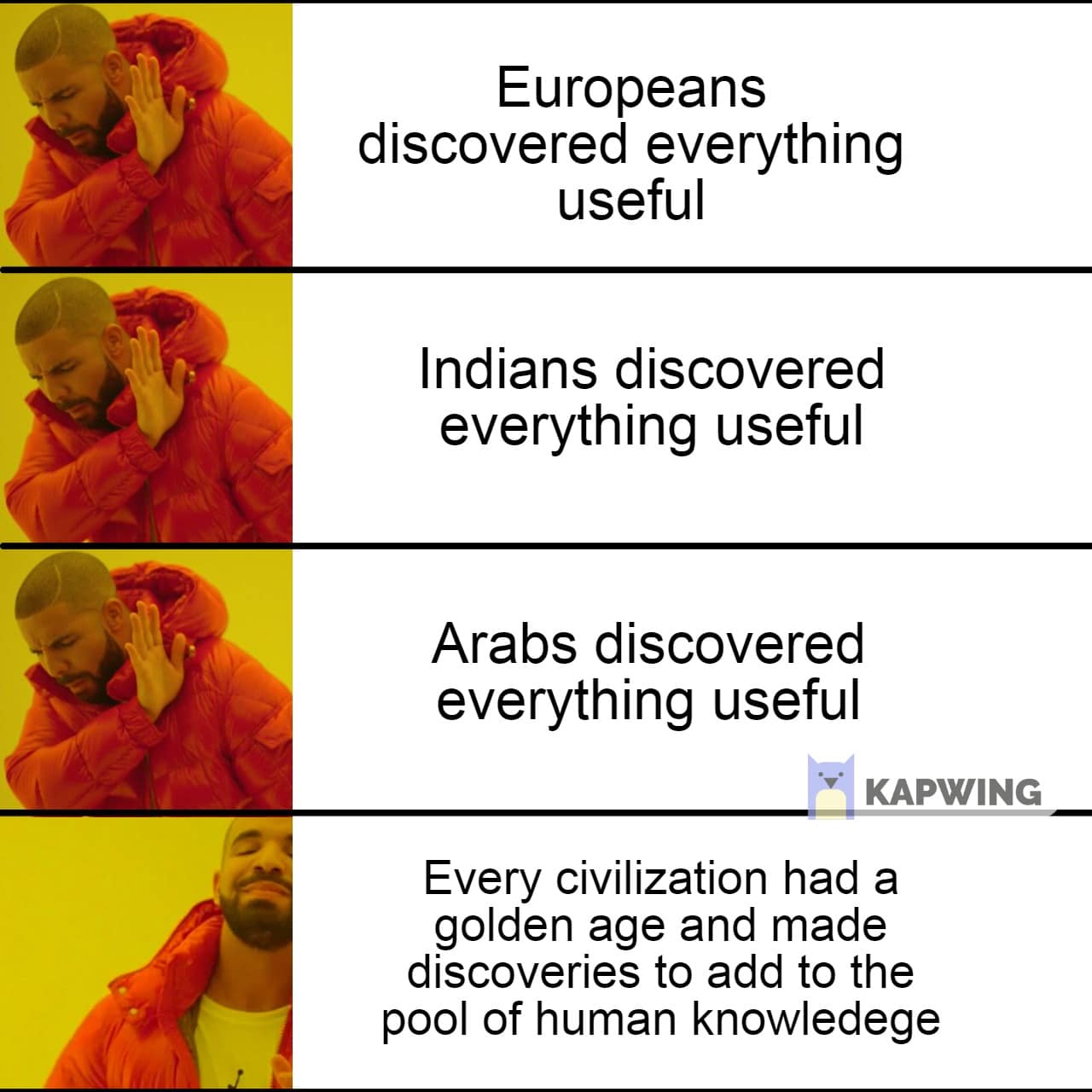 History, Africa, India, Europeans, Arabs, America History Memes History, Africa, India, Europeans, Arabs, America text: Europeans discovered everything useful Indians discovered everything useful Arabs discovered everything useful KAPWING Every civilization had a golden age and made discoveries to add to the pool of human knowledege 